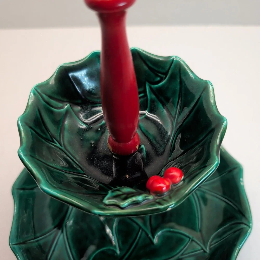 Vintage Lefton 5189 Christmas Holly Leaf 2 Tier Tidbit Tray Green Red Berries